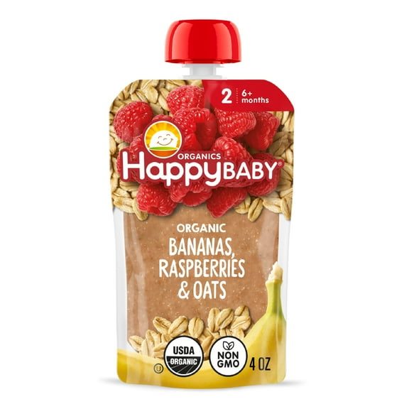 Happy Baby Organics Clearly Crafted, Stage 2 Bananas Raspberries & Oats Organic Baby Food, 4oz Pouch