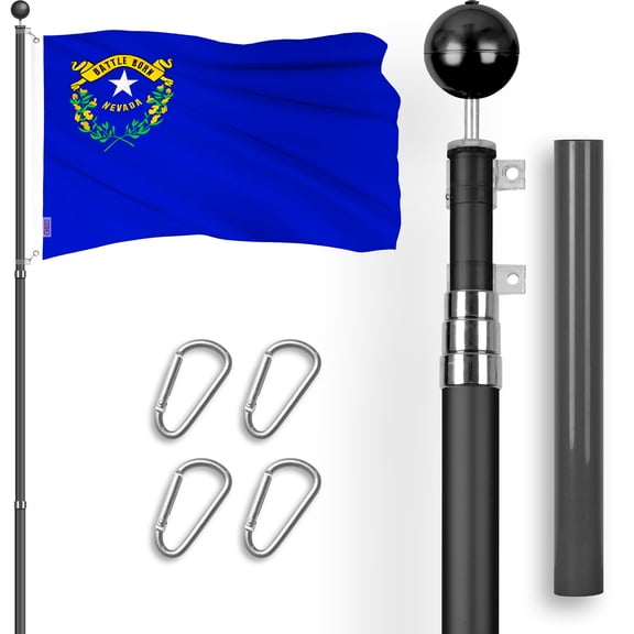 G128 Combo Pack: 16 Ft Telescoping Aluminum Flagpole (Black) & Nevada NV State Flag 3x5 Ft, ToughWeave Series Embroidered 300D Polyester | Pole with Flag Included