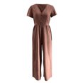 thumbnail image 3 of SELONE Jumpsuits for Women Casual Short Summer Long Pant Ladies Travel Comfortable 2023 Vacation Flowy Rompers Womens Jumpers and Rompers Casual Solid Color Short Sleeve V Neck Coffee M, 3 of 8