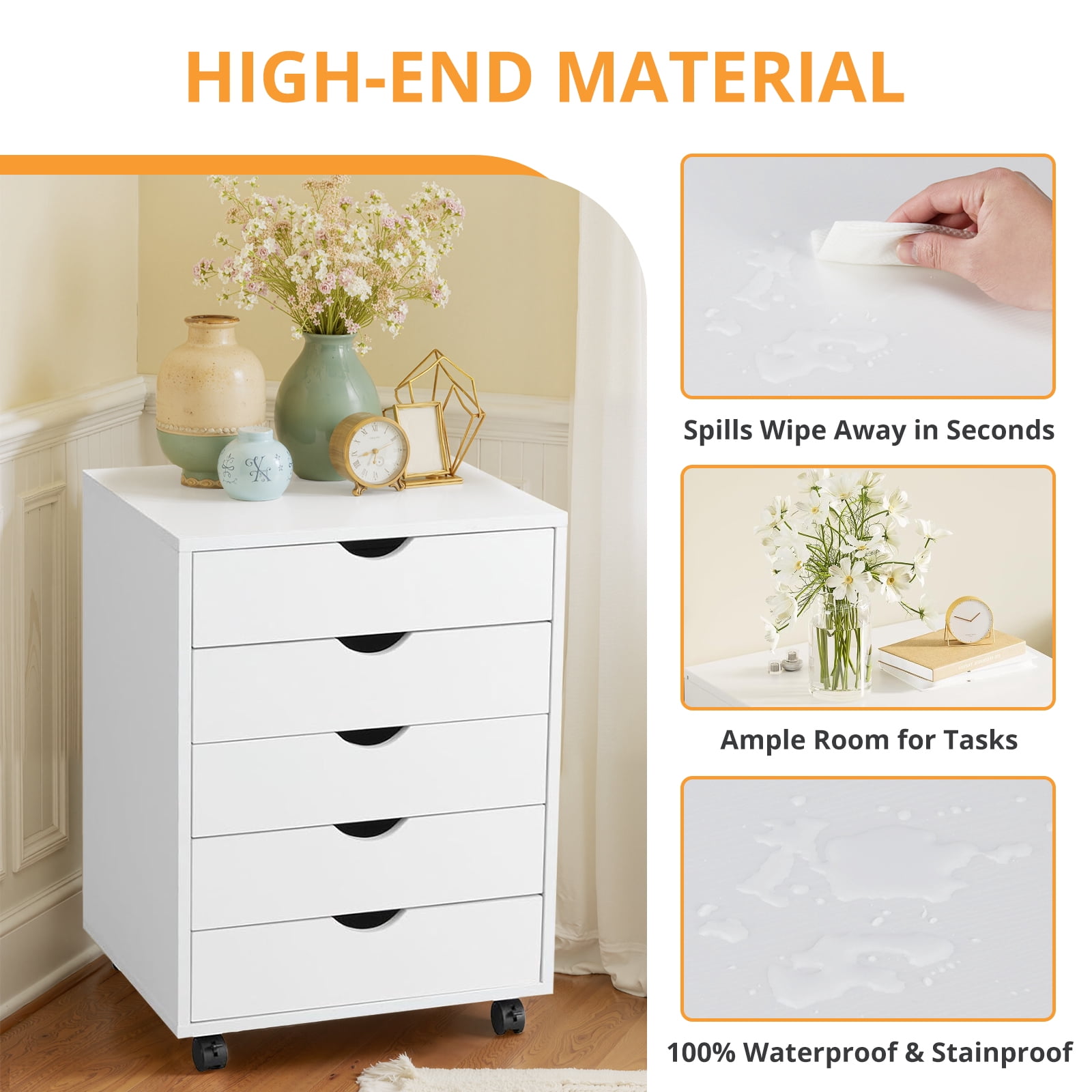 Sybels 5-Drawer Rolling Storage Cart, Mobile File Cabinet & Organizer Dresser with Wheels for Home Office, Wood Chest, White