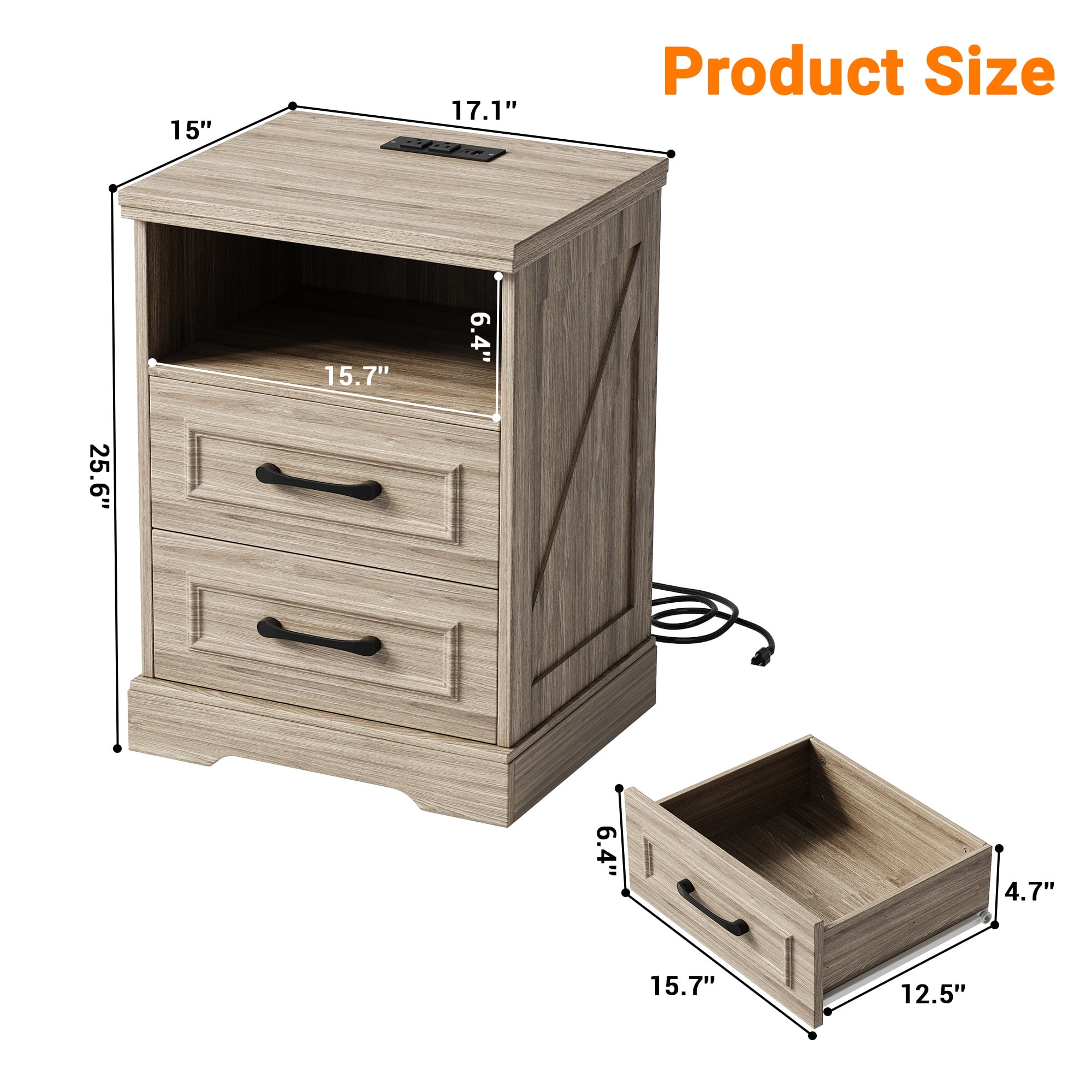 NEGYLIM Nightstand with Drawers for Bedroom, Farmhouse End Table with Charging Station, 2 Drawers Storage for Bedroom, Gray