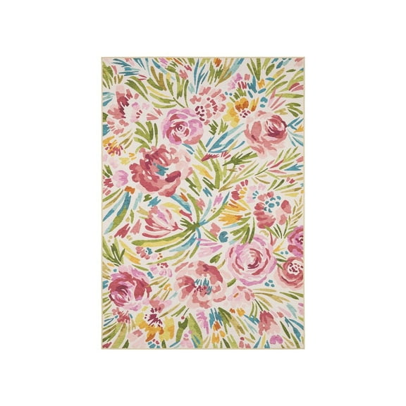 Oriental Weavers Fiji Washable Indoor/Outdoor Rug - FIJ01-5' x 7' - in Beige/Pink - Feminine Floral Style, Non-Slip, Stain Resitant, Ultra Low Pile, Patio, Outdoor Living Area Rug