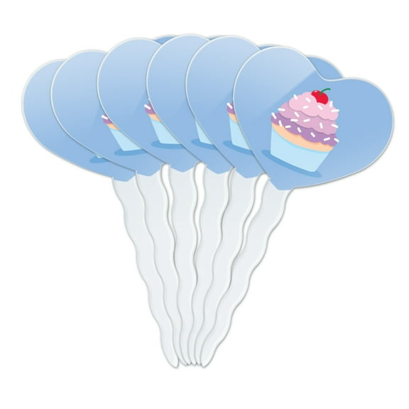 Cute Cupcake Vanilla Cherry with Sprinkles Heart Love Cupcake Picks Toppers Decoration Set of 6