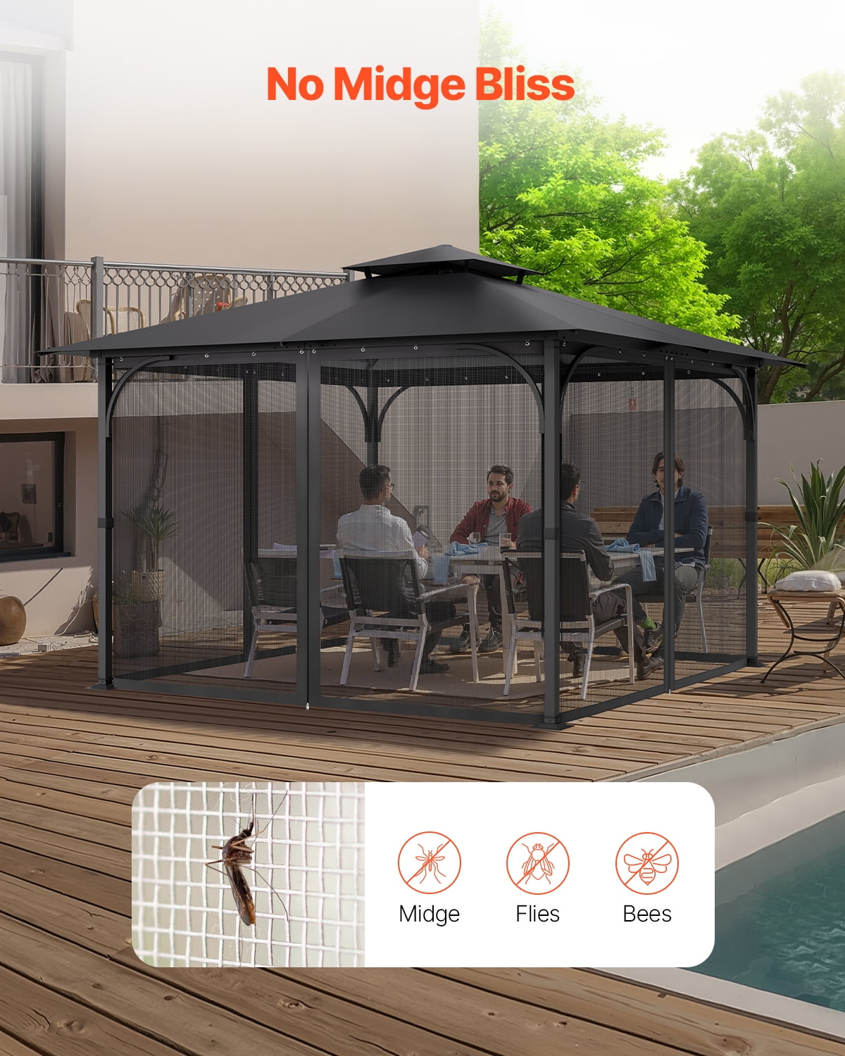 VEVOR Gazebo Netting Replacement, Fit Most 10 x 10 x 6.5 FT Gazebo Curtain, Outdoor Garden Net, 4-Panel Sidewall Mesh Net, Patio Midge Netting with Double Zipper, Canopy Screen (Netting Only)