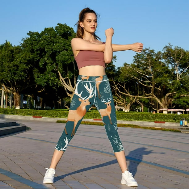 Elk Deer High Waist Capris Yoga Leggings for Women Running Fitness