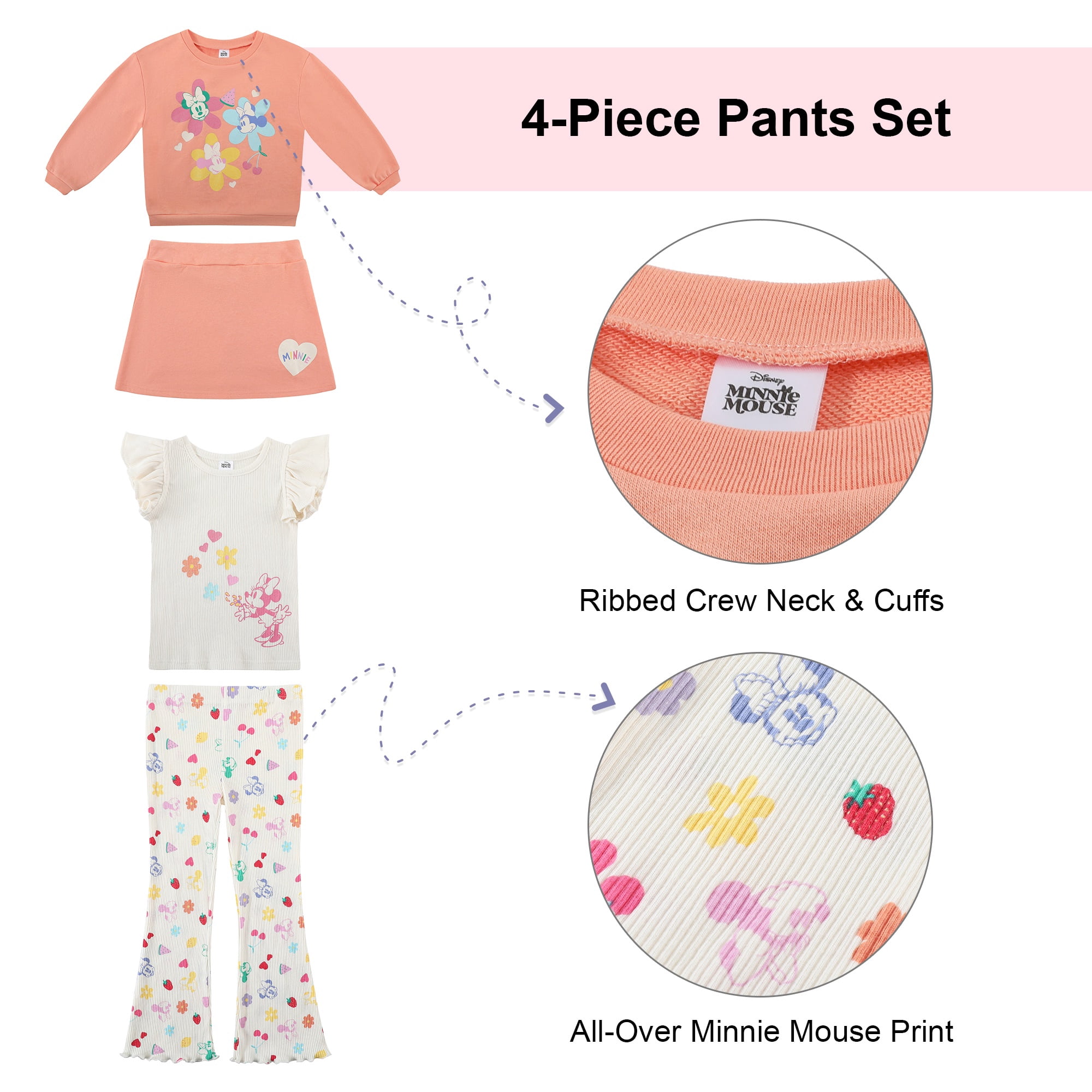 Disney Clothes Baby Girls 4-Piece Set – Minnie Mouse Pullover, Tee, Shorts & Pants (Green) 2T