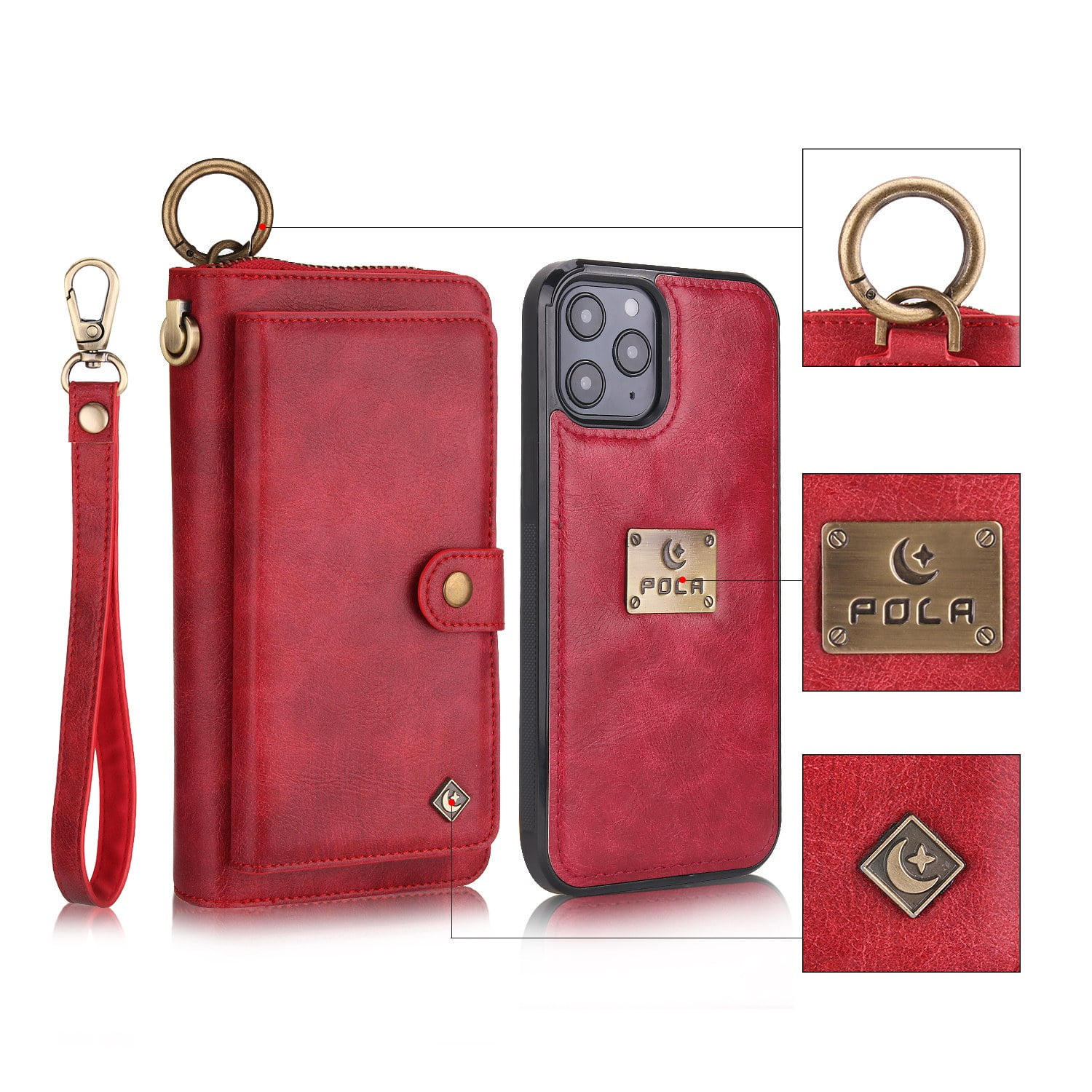 Feishell iPhone 13 Case, Premium Leather Folio Removable Wallet Case Zipper Coin Pouch Cover with Zip Purse ID Credit Card Holder & Detachable Magnetic Case For Apple iPhone 13, Red