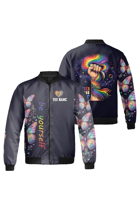 Custom Name Be Yourself Pride Bomber Jacket, Rainbow Butterfly and Fist Graphic, LGBT Pride Month Zip Up Jacket