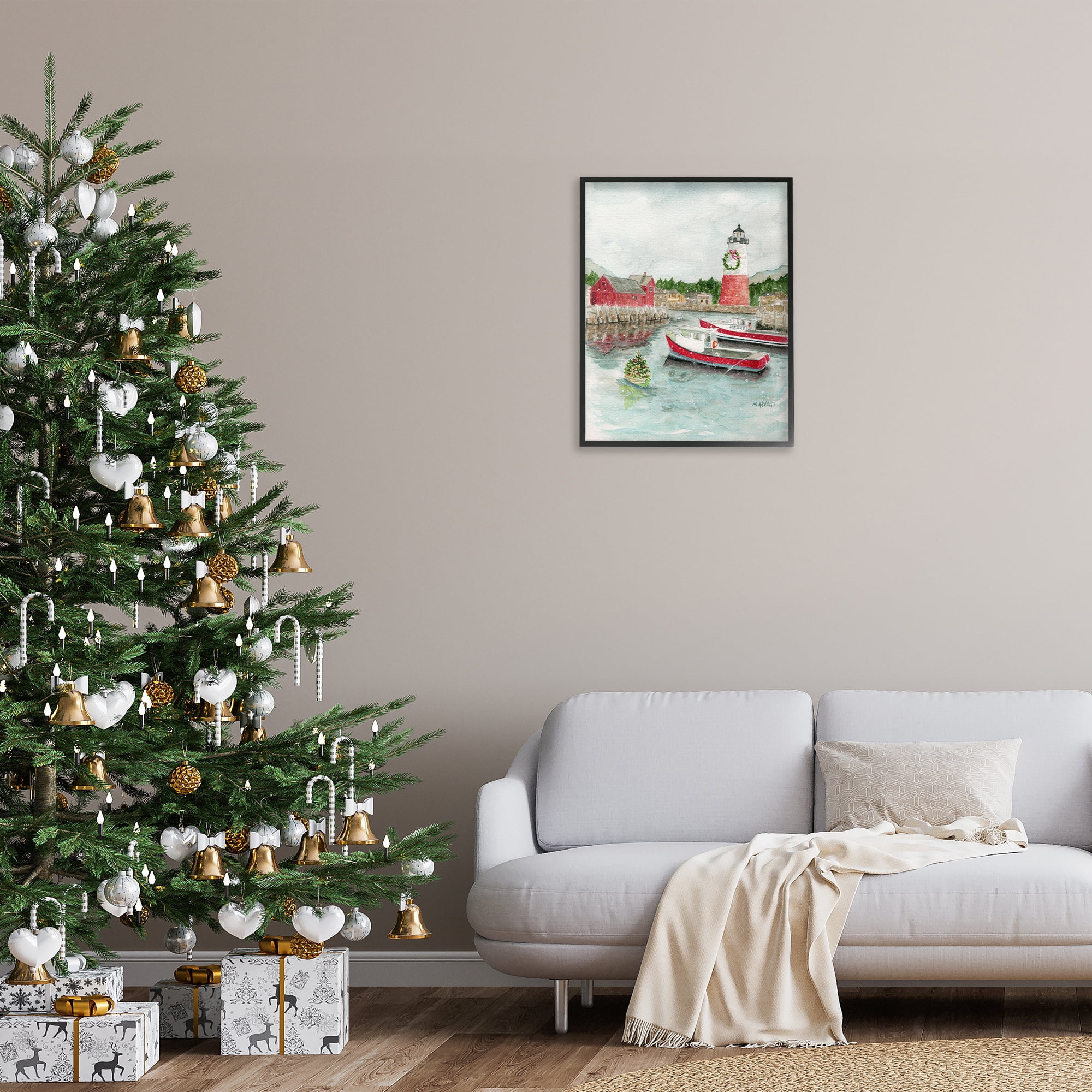 Stupell Industries Coastal Christmas Harbour Holiday Painting Black Framed Art Print Wall Art, 24 x 30