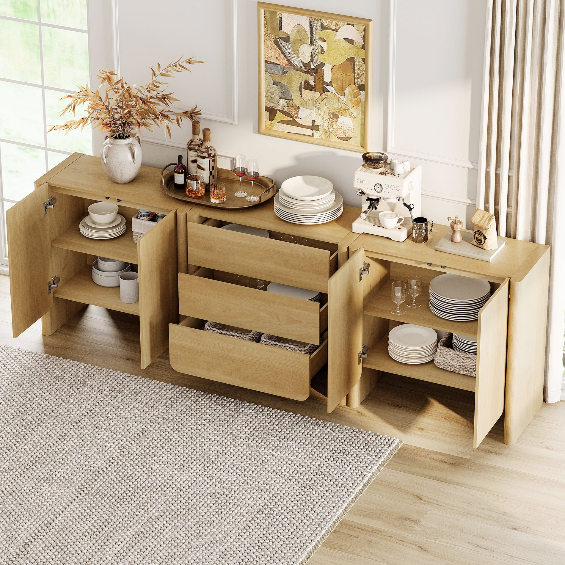 Modern French TV Stand, 94.5-Inch 3-Piece Media Console with 4 Doors and 3 Drawers, Supports TVs up to 105 Inches, Oak