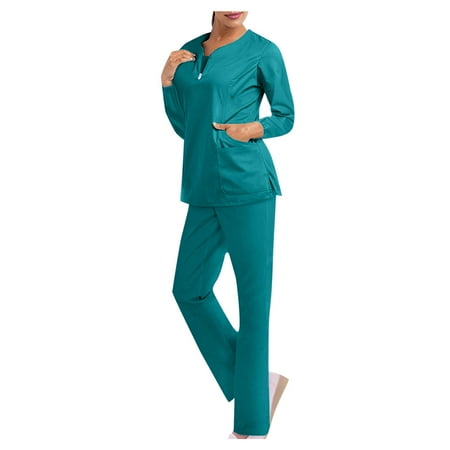 

Women Scrubs Top Pants Working Uniform Nurses Clothing Workwear 2PCS Outfits Sets Long Sleeve V-neck Solid Color Pocket Top Trouser Wokers Suit