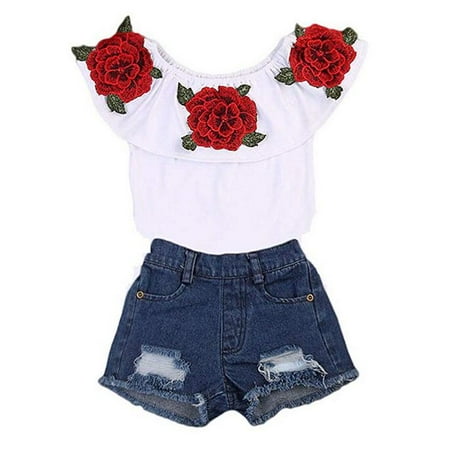 Little Baby Girls Off-Shoulder Rose Flower Embrodidery Ruffle Top and Denim Shorts Summer Clothes