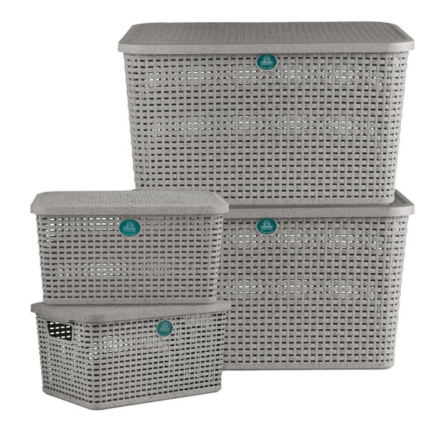 Kit 4 Cajas Organizadoras de Plástico Biodegradable Terragave Tipo Rattan (Gris)