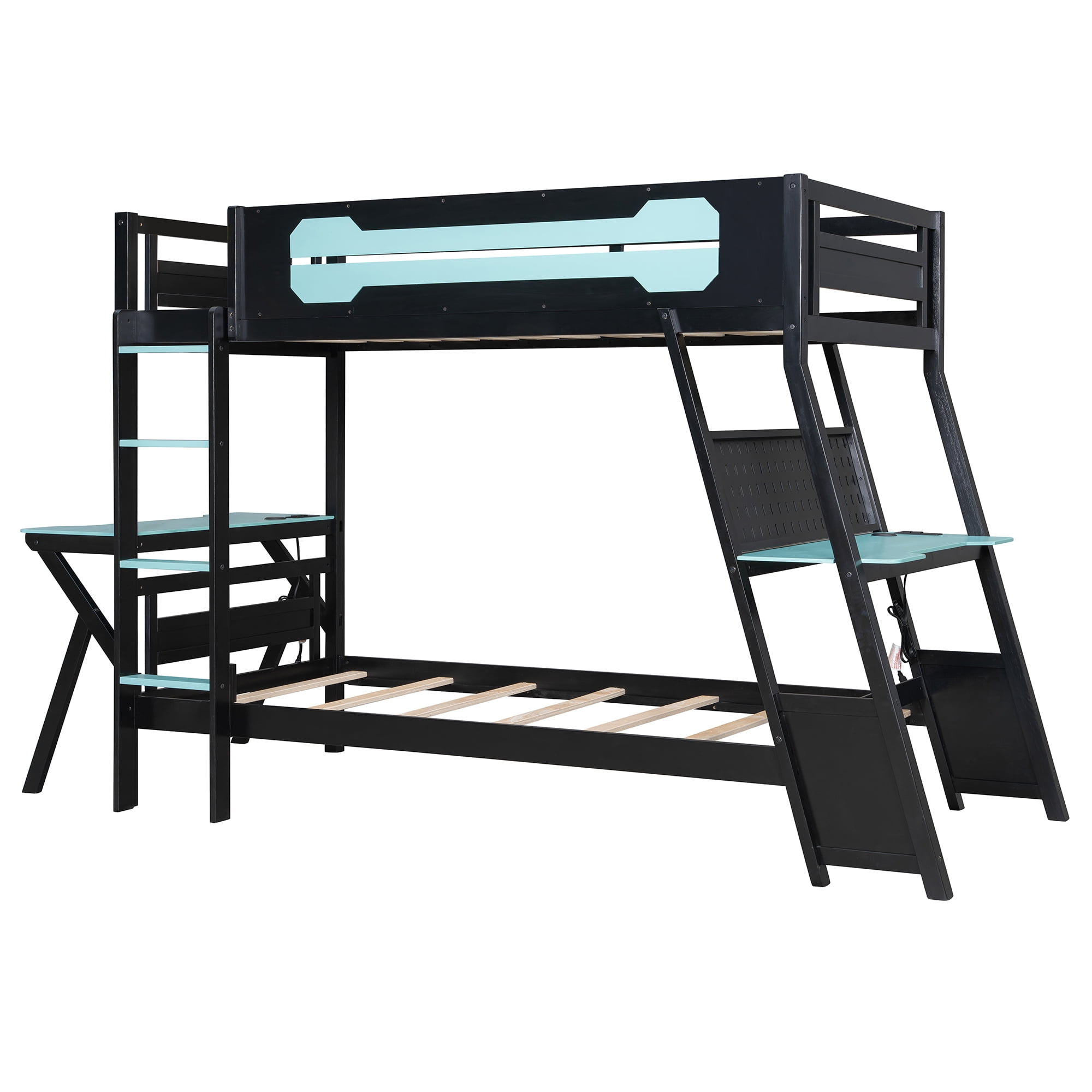 Aukfa Twin over Twin Bunk Bed with Built-In Desks, USB Charging Ports & Pegboard Organizer, Wood E-Sports Gaming Bed Frame for Kids/Teens, Blue