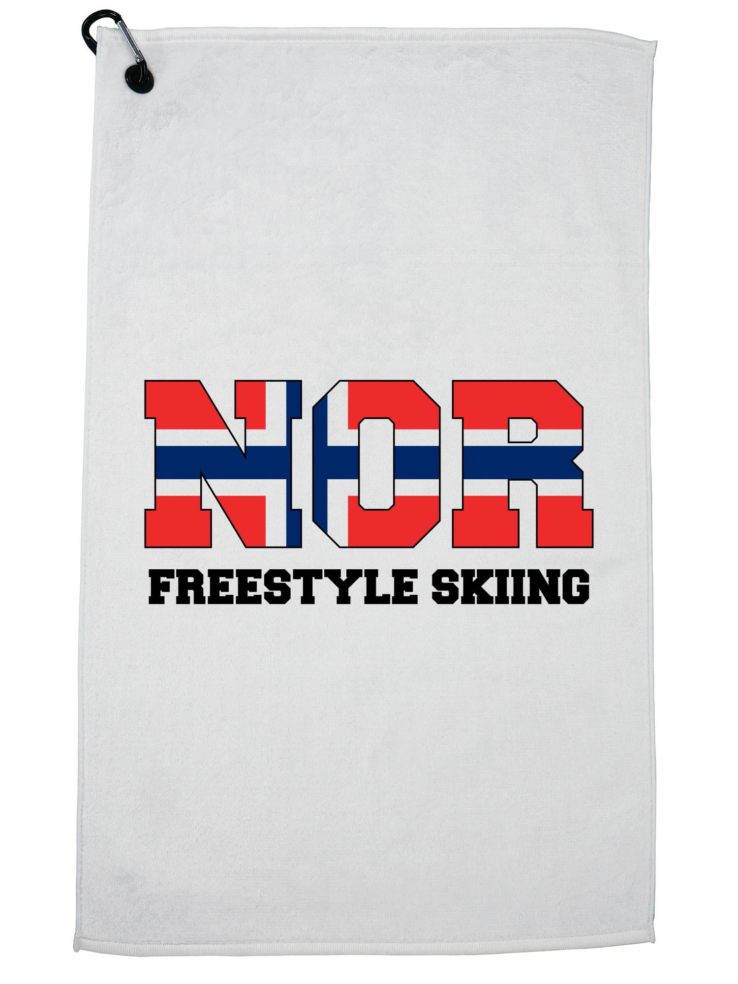 Norwegian Freestyle Skiing Winter Olympic NOR Flag Golf Towel with Carabiner Clip by Hollywood Thread