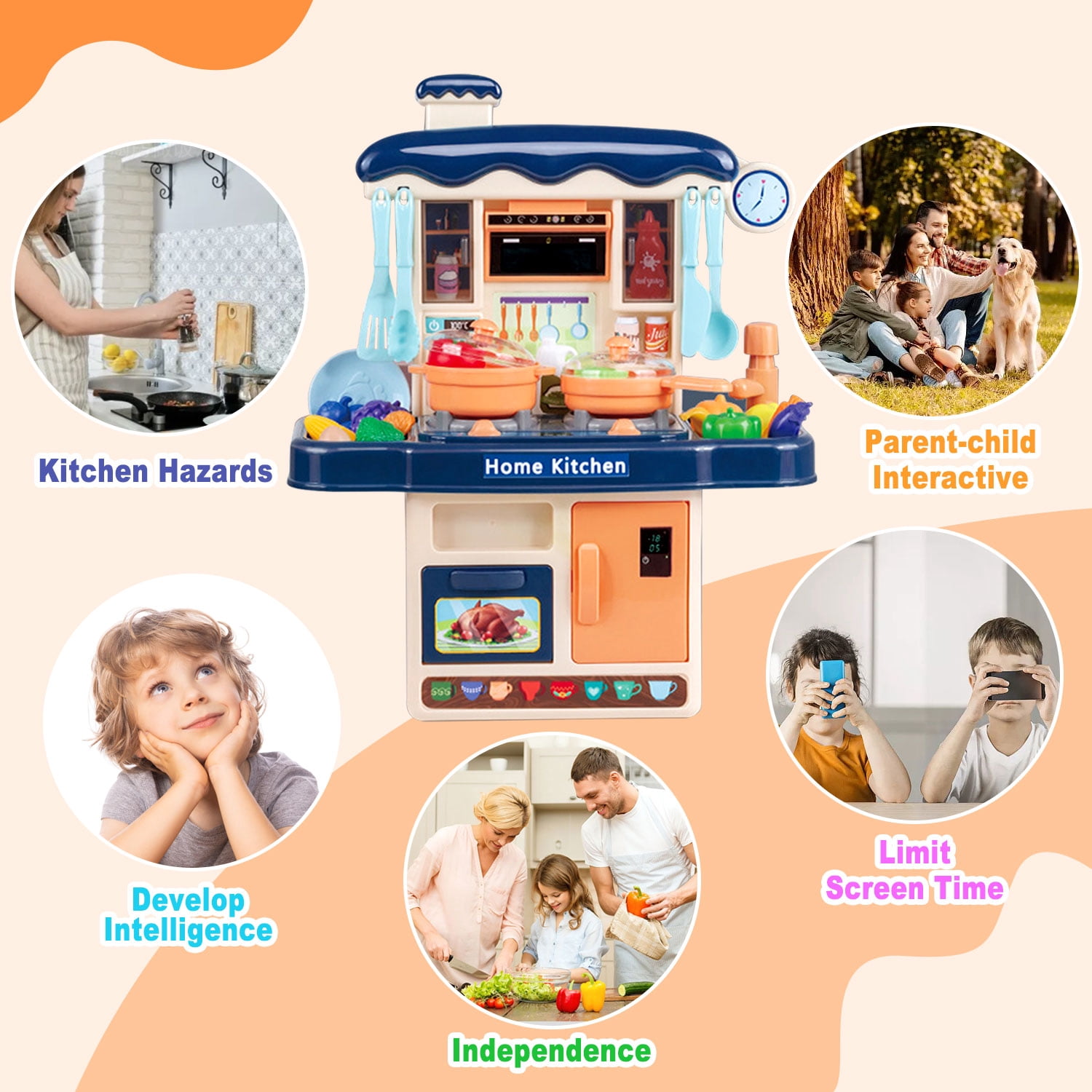 Seenda Little Kitchen Playset, Kitchen Toy Set with Realistic Sound & Light, Play Sink, Cooking Stove, Play Food and Kitchen Accessories for Toddlers Kids (Mini, Blue)