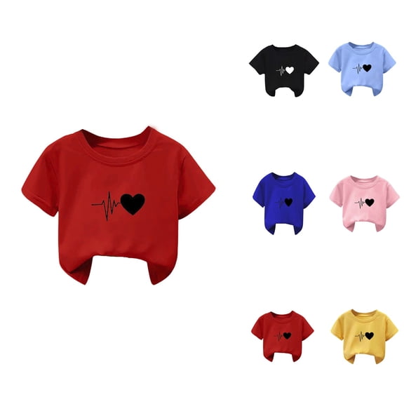 Girls Short Sleeve T-Shirts Casual Loose Fit Heart Print Crewneck Basic Graphic Tees for Kids 5-14 Years