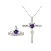 RYLOS Jewelry For Women Sterling Silver Claddah Friendship Ring & Cross Necklace with 18" Chain Heart Gemstone & Genuine Diamonds 6MM Amethyst February Birthstone Womens Jewelry Matching