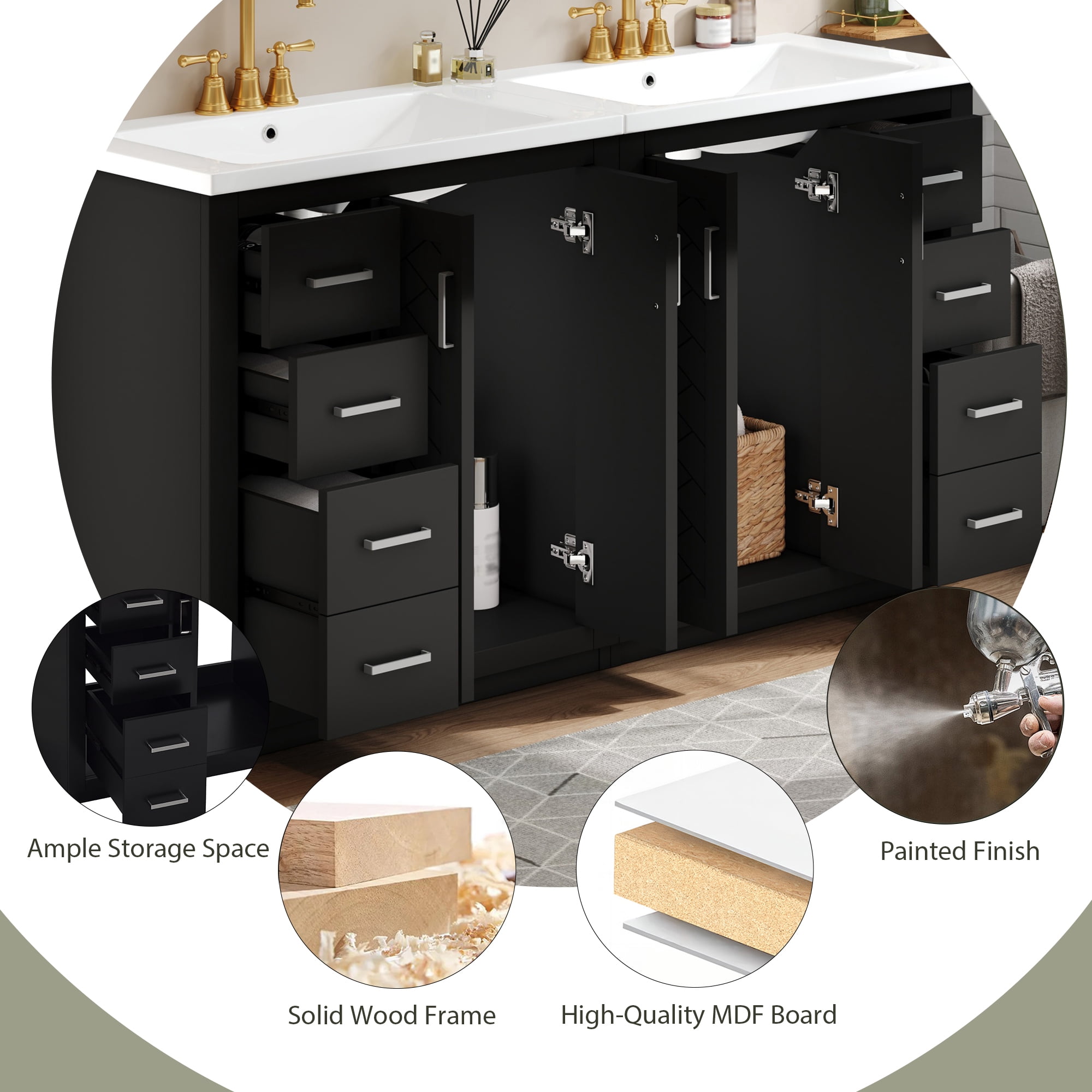 Euroco 60'' Bathroom Vanity with Ceramic Sink Combo,Solid Wood Frame Bathroom Storage Cabinet, Freestanding Vanity Set with 3 Drawers& Soft Closing Doors