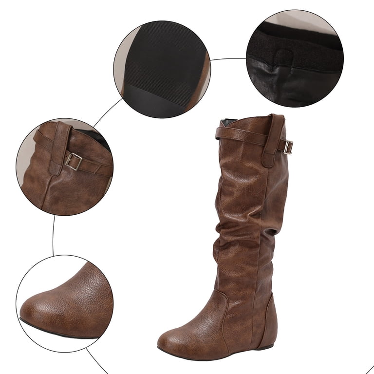 Rokment Womens Slouchy Wide Calf Knee High Boots with No Heel Fashion Casual Leather Buckles Winter Spring Long Tall Dress Boots Brown Size 9.5 - Walmart.com Rokment Womens Slouchy Wide Calf Knee High Boots with No Heel Fashion Casual Leather Buckles Winter Spring Long Tall Dress Boots Brown Size 9.5 - Walmart.com