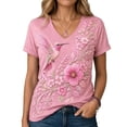 thumbnail image 2 of Mfakffe Breast Cancer Shirts for Women Breast Cancer Awareness V Neck Short Sleeve T-Shirt Floral Pink Ribbon Embroidery Effect Casual Loose Tee, 2 of 4