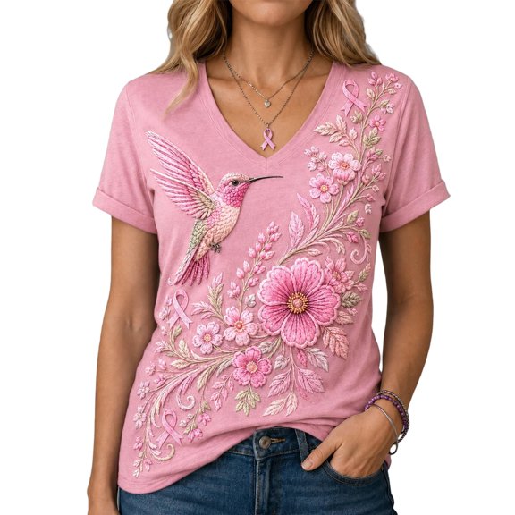JULMCOMO Breast Cancer Shirts for Women V Neck Floral Pink Ribbon Print Breast Cancer Awareness Loose Comfy Tshirts Casual Soft Graphic Tees Light pink M