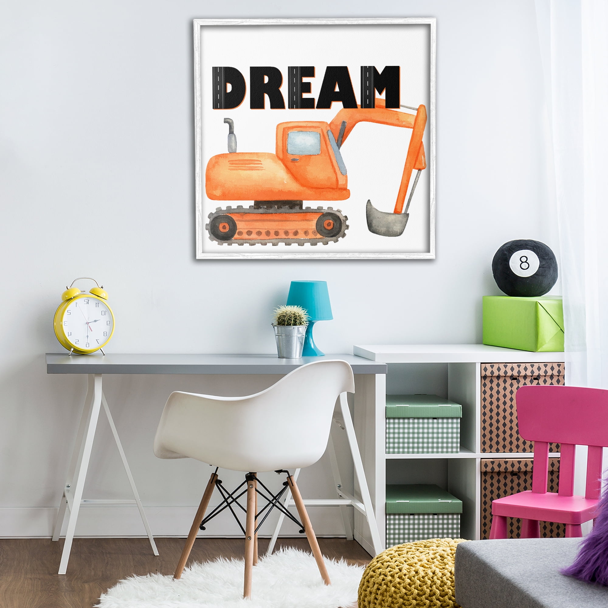 Dream with Orange Excavator White Framed Giclee Art, design by Kim Allen