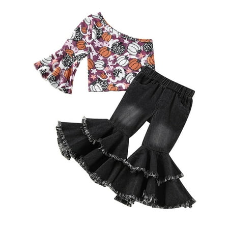 

xkwyshop Little Toddler Girl Halloween Outfits Pumpkin One Shoulder Top and Denim Bell Bottom Flare Pants Clothing Set Purple