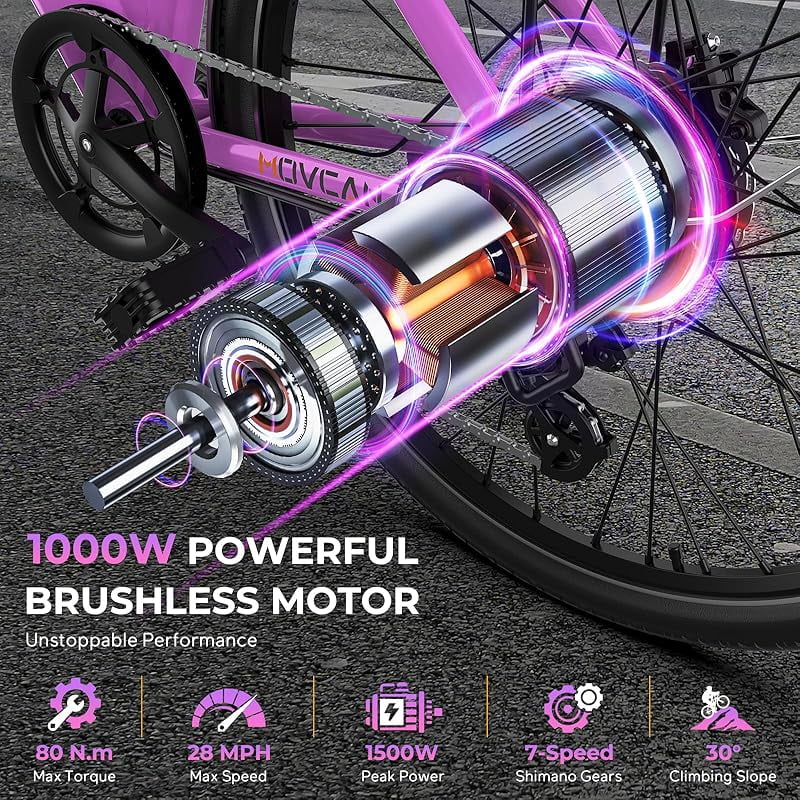 Movcan V80 Electric Bike, 1000W Motor 28MPH Ebike, 48V 13Ah Removeable Battery, 26'' Cruiser Adult Electric Bicycles up to 70 Miles