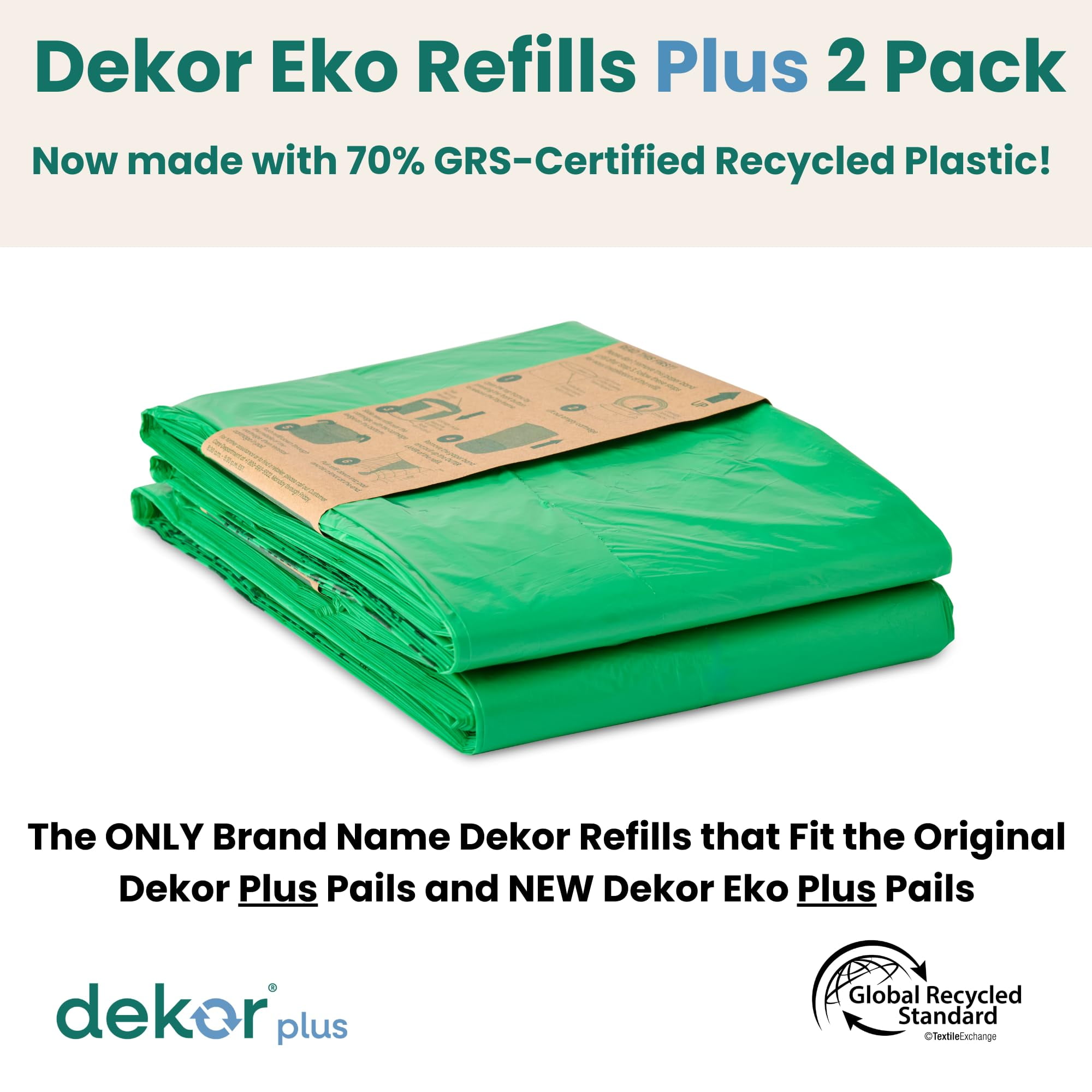 Diaper Dekor Pail Refills MMF7&nbsp;for Plus Original & Eko Diaper Pails, 2 Pack Unscented| Extra Thick Refills Made With 70% Recycled Materials