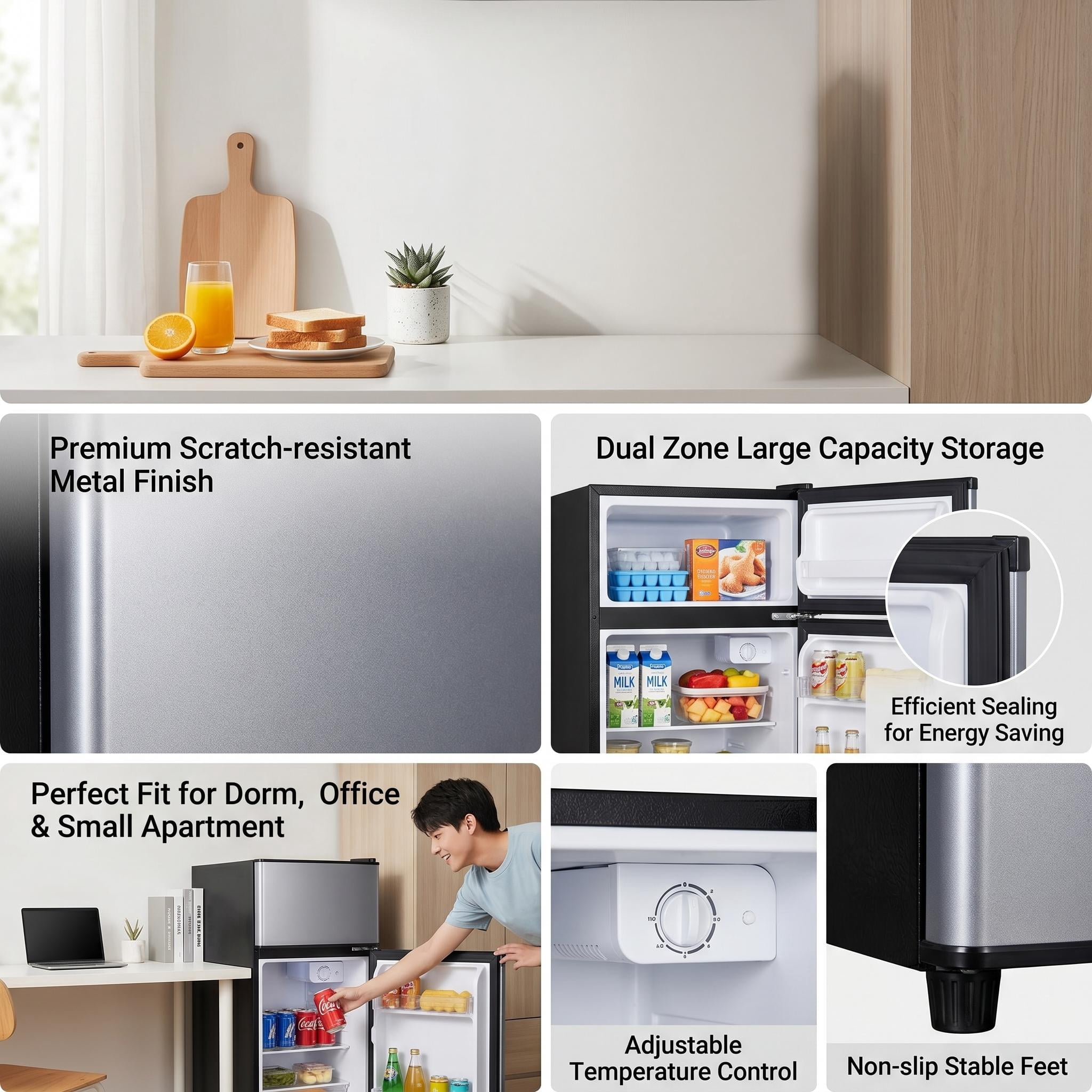 Mini Fridge Freezer, 2.9 Cu.Ft 2 Door Small Refrigeratorwith 7 Temperature Control Freezer&nbsp;Fridge for Office, Kitchen and Apartment, Dorm