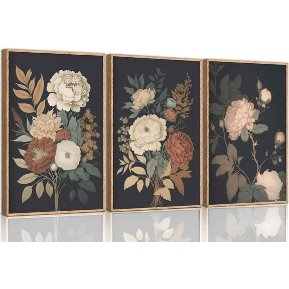 3Pcs Vintage Peony Flower Still Life Canvas Wall art Rustic Dark Floral Plant Painting Picture Farmhouse Wall Decor Posters Print Artwork for Women's Room Living Room Bedroom Home Decoration