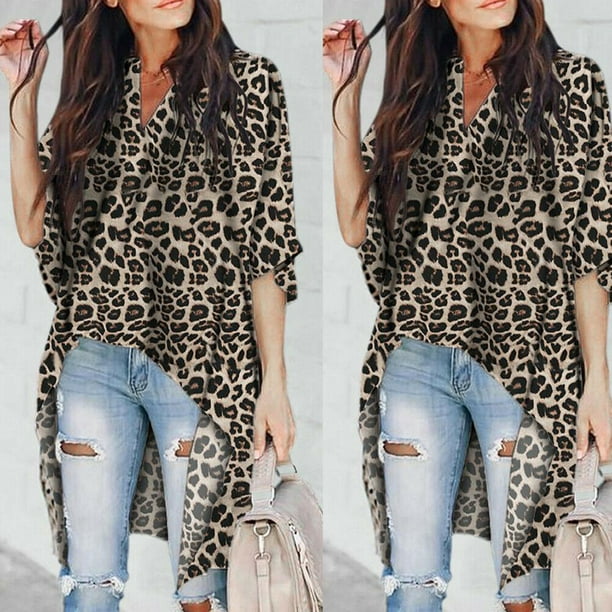 Women V Neck Plus Size Leopard Print Long Loose T Shirt OL Tops Blouse - Walmart.com