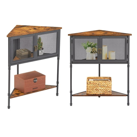 VECELO Set of 2 Corner Cabinet with Dual Door and Storage Shelf, Triangle Freestanding Floor Cabinet, Brown