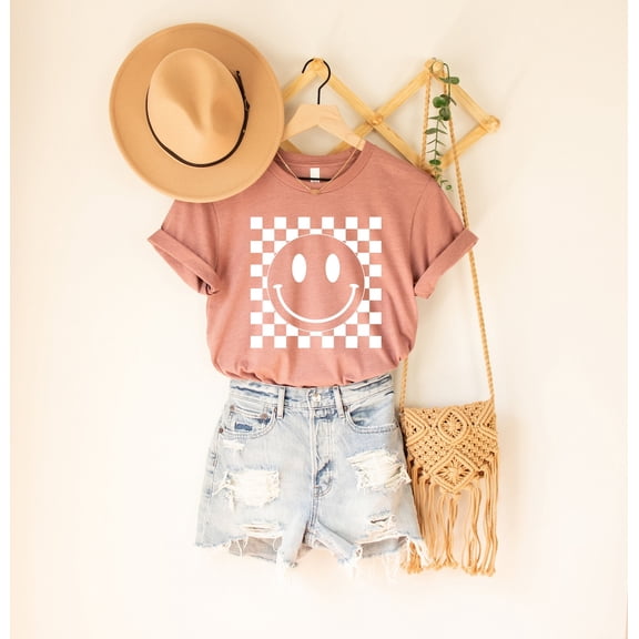Smiley Face Shirt, Happy Face T-shirt, Smiley Face Checkered Shirt, Retro Shirt Women, Boho Shirt Girls, Trendy Vintage Shirt, for her All Size S-5Xl