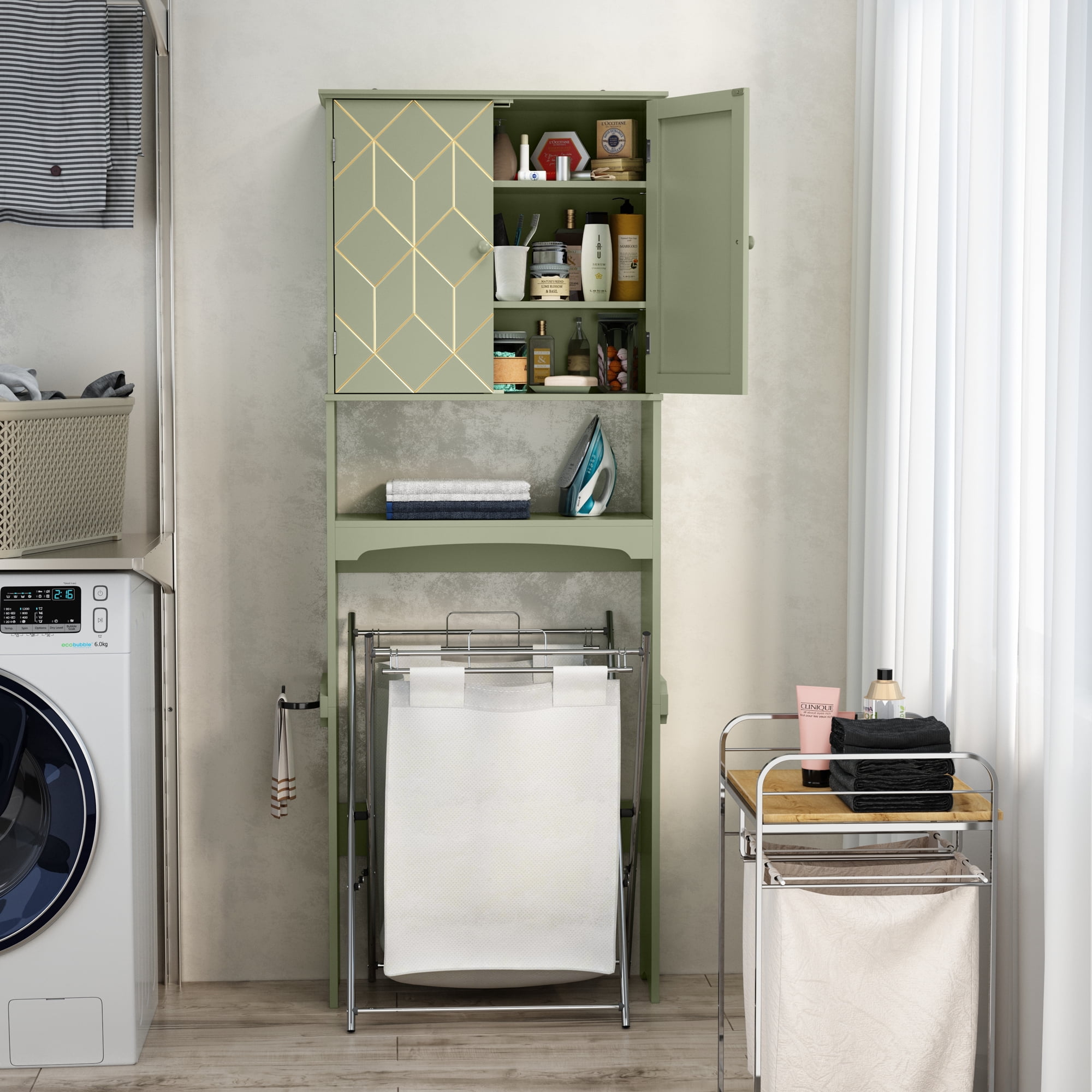 HLR Over The Toilet Storage Cabinet, Bathroom Above Toilet Storage Cabinet with Doors and Adjustable Shelves, Green