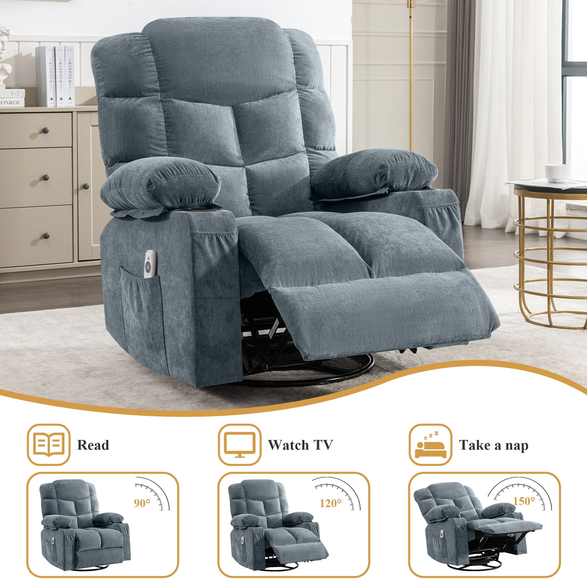 Alvantor Oversized Swivel Recliner Chair with Massage & Heat Function for Adults, Single Rocker Sofa with Cup Holders for Bedroom Home Theater Blue