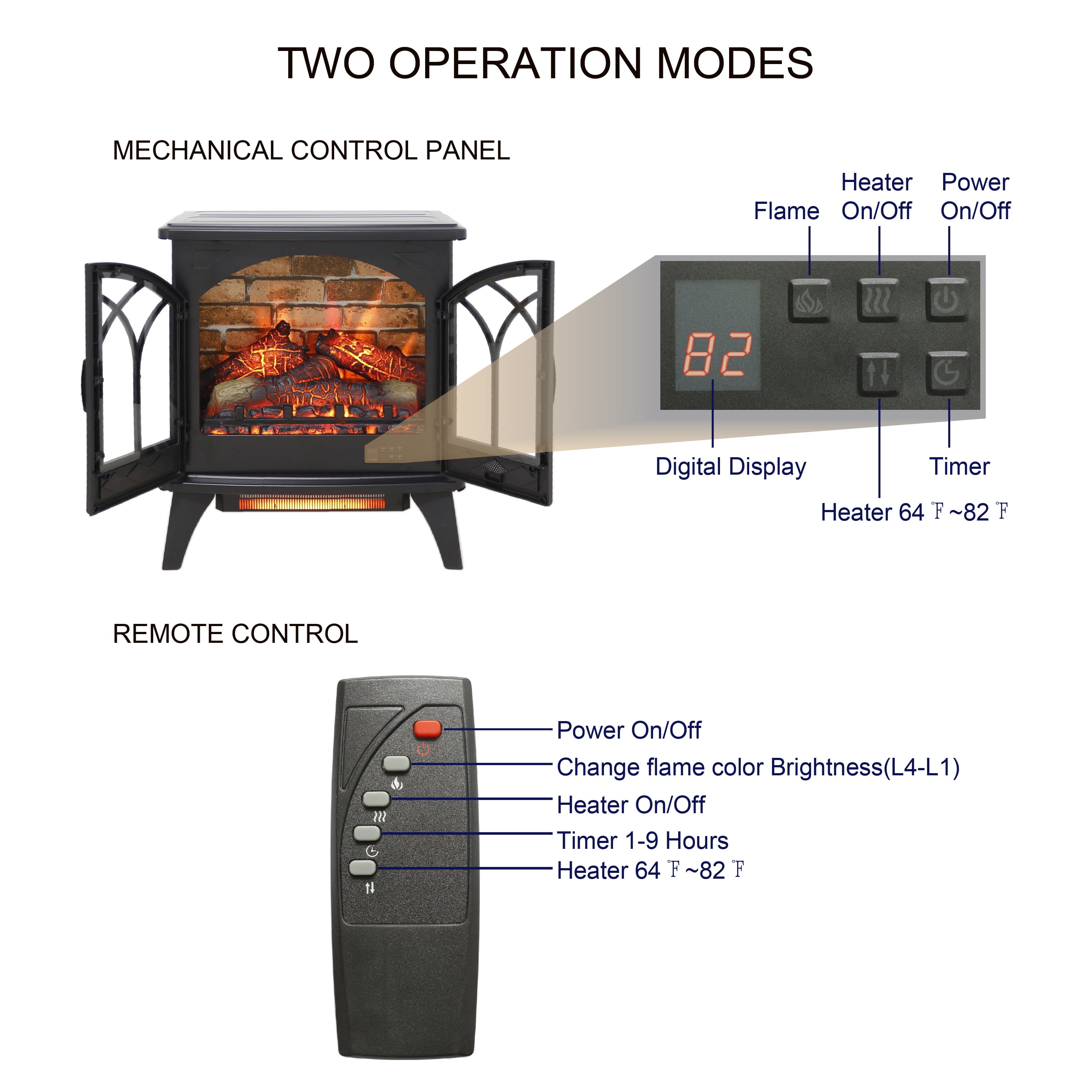 24'' Freestanding Electric Fireplace Heater Stove, Legahome Portable Infrared Fireplace Heater with Remote Control, 3D Realistic Flame, Adjustable Brightness, Temp Control and Timer, Brick Background
