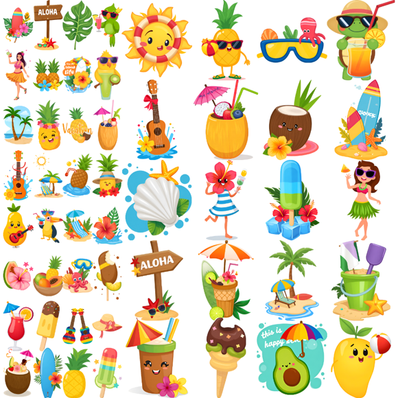 54 Temporary Tattoo Stickers Waterproof Long-lasting Body Stickers Hawaiian Beach Coconut Tree Ice Cream Swim Ring Kids Boys Girls Tattoo Stickers Arm Forearm Shoulder Cheek