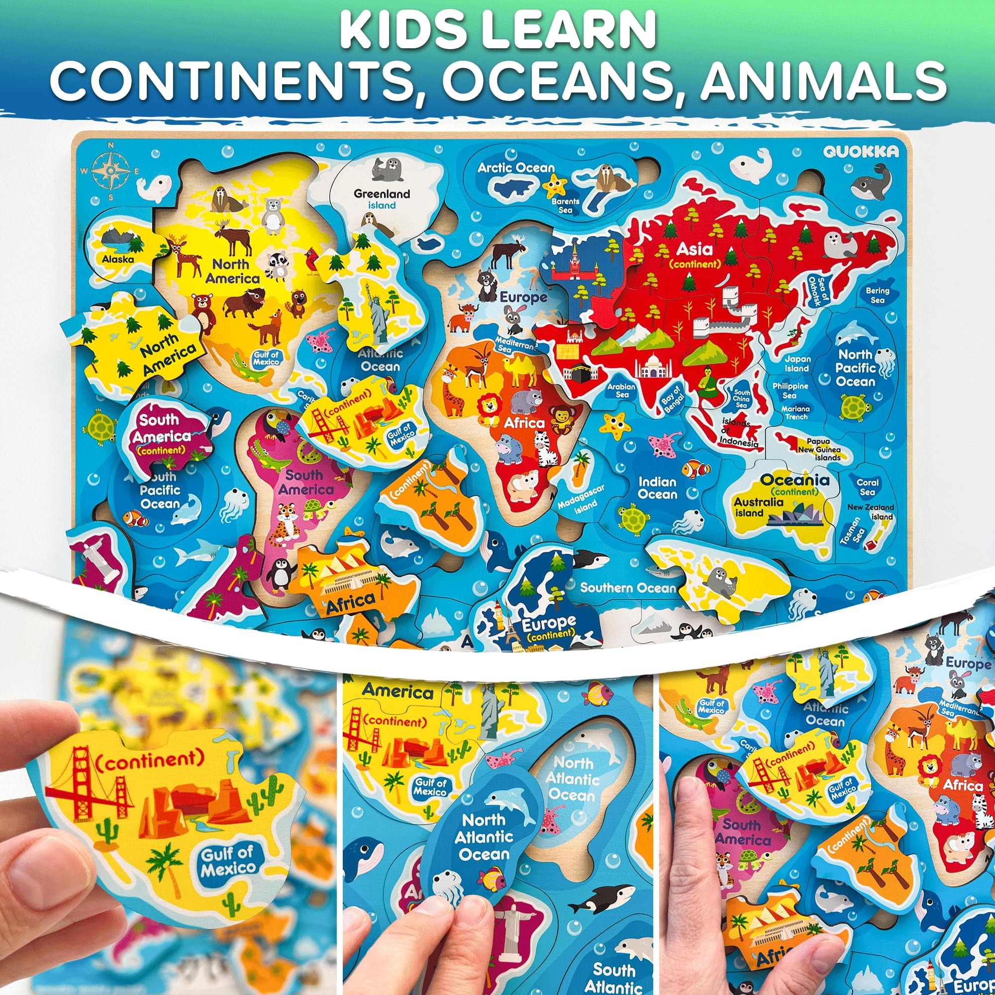 Quokka Educational Wooden Jigsaw Puzzles for Kids Ages 3-6 - World, Space & USA