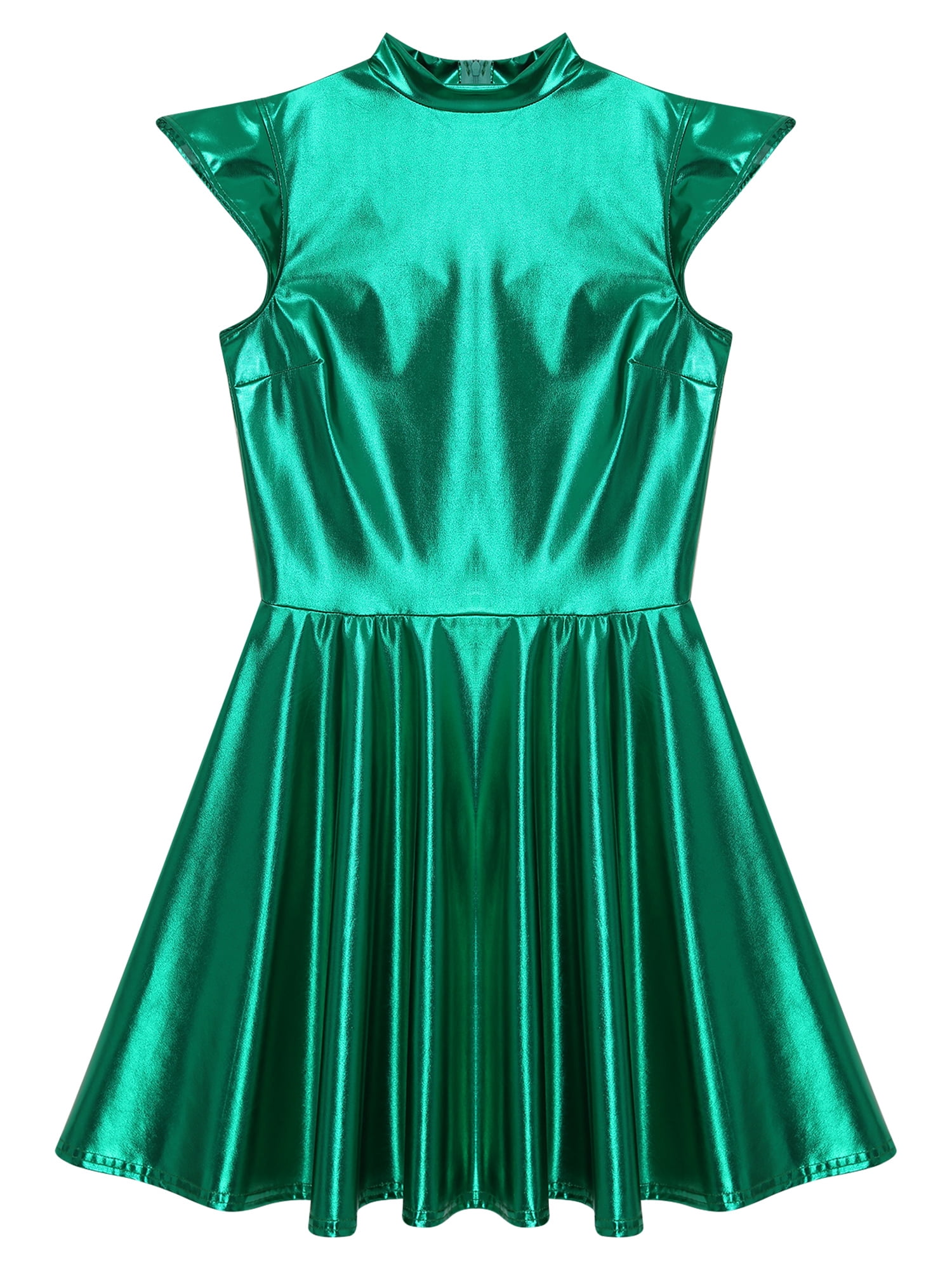 Haitryli Women's Holographic High Waist Dress Party Club Disco Pleated Dress Cosplay Outfits Wet Green XL