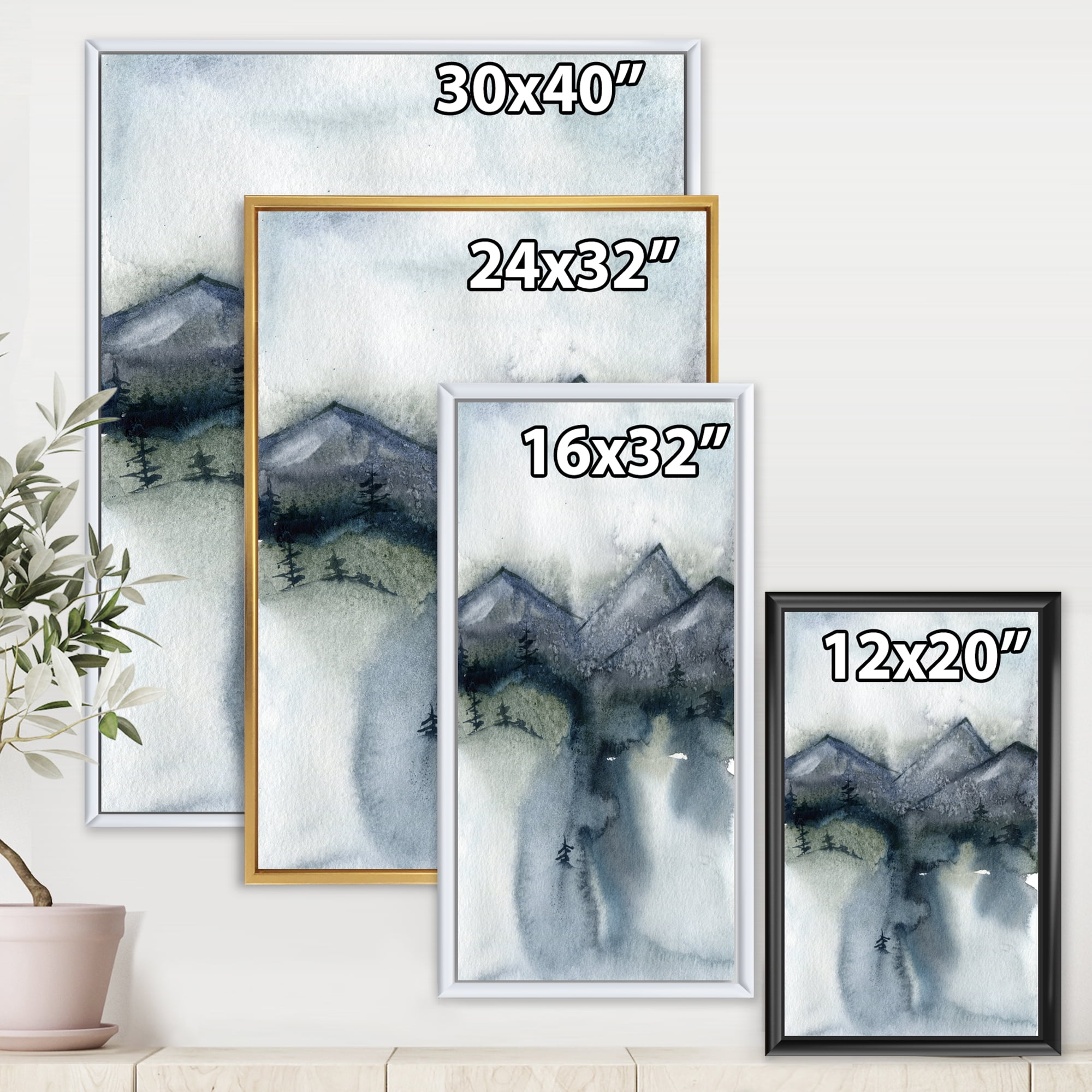 Designart 'Minimalistic Landscape of Mountains Snow and Trees' Modern Framed Canvas Wall Art Print
