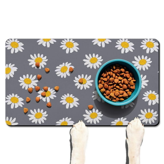 Dog Food Mat with Vintage Floral Daisy Bloom Design, Absorbent Waterproof Pet Feeding Mat Non-Slip Durable for Home and Kitchen