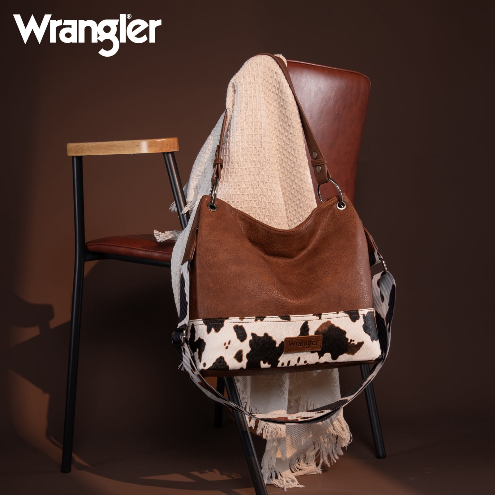 Wrangler Hobo Bags for Women Vegan Leather Top Handle Shoulder Purses and Handbags, Cow Print-Brown