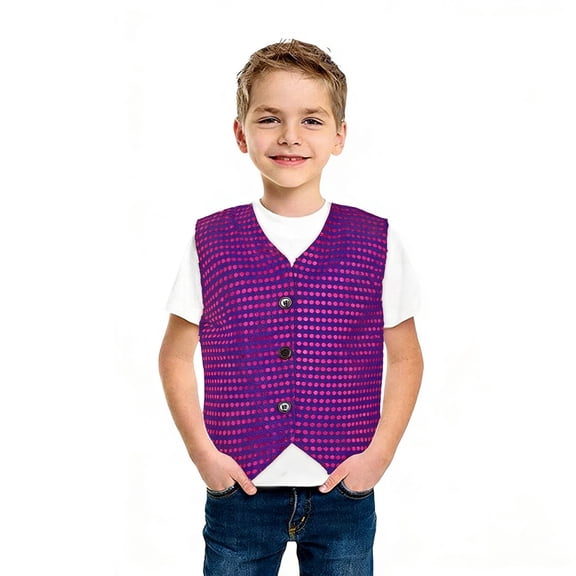 FINALGANG Kids Boys Solid Color Sequin Vest With Button Closure V Neck Sleeveless Shiny Glitter Party Waistcoat For Special Occasions Purple 6-7 Years