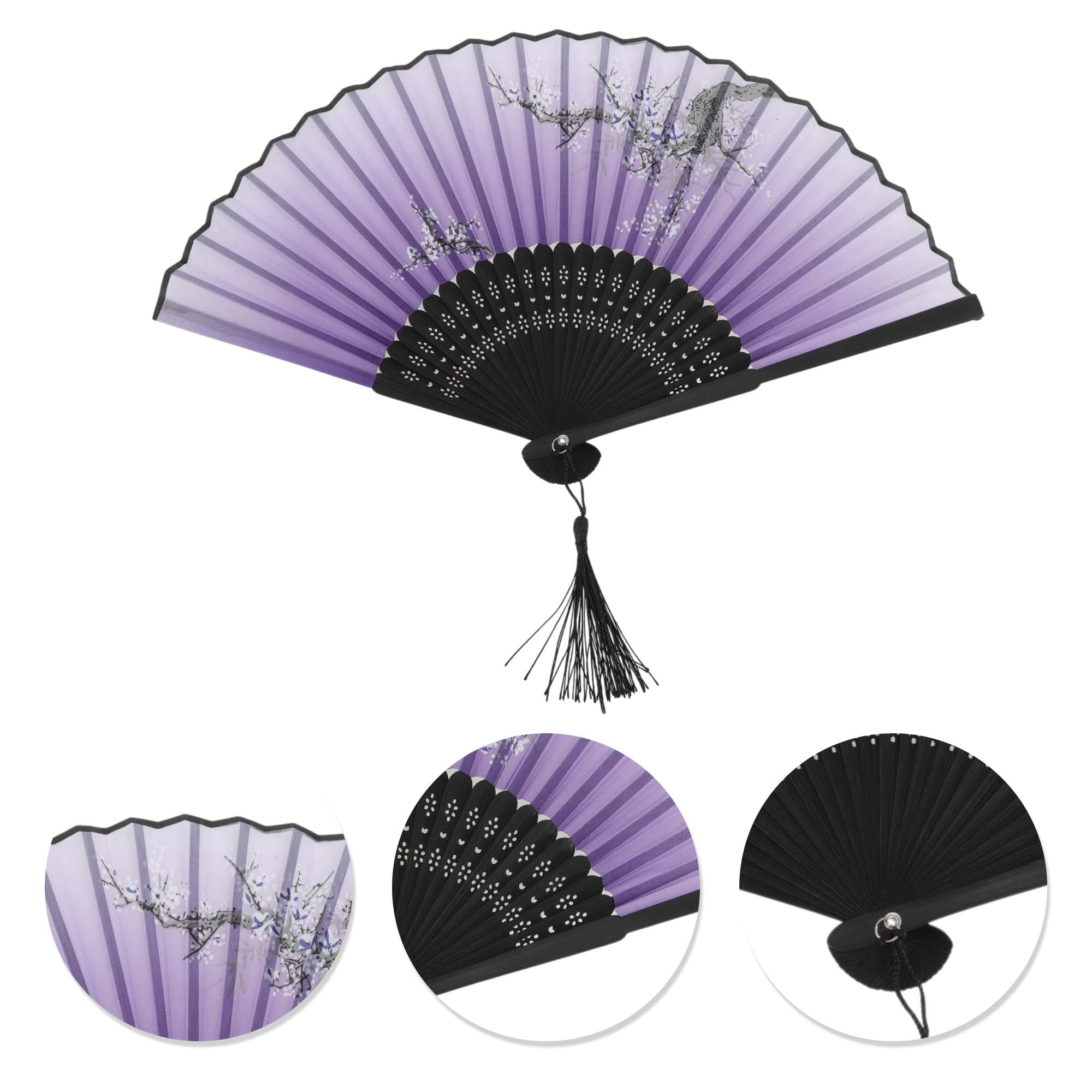 Unique Bargains Ancient Style Folding Fan 1Pc Purple Plum Blossoms Defying the Snow Print