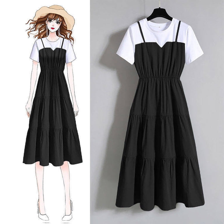 Fartey Women's Fashion Fake Two Pieces Dress Casual Summer Short Sleeve Crewneck Knee Length Dresses Lightweight Spaghetti Strap Tiered Slip Dress