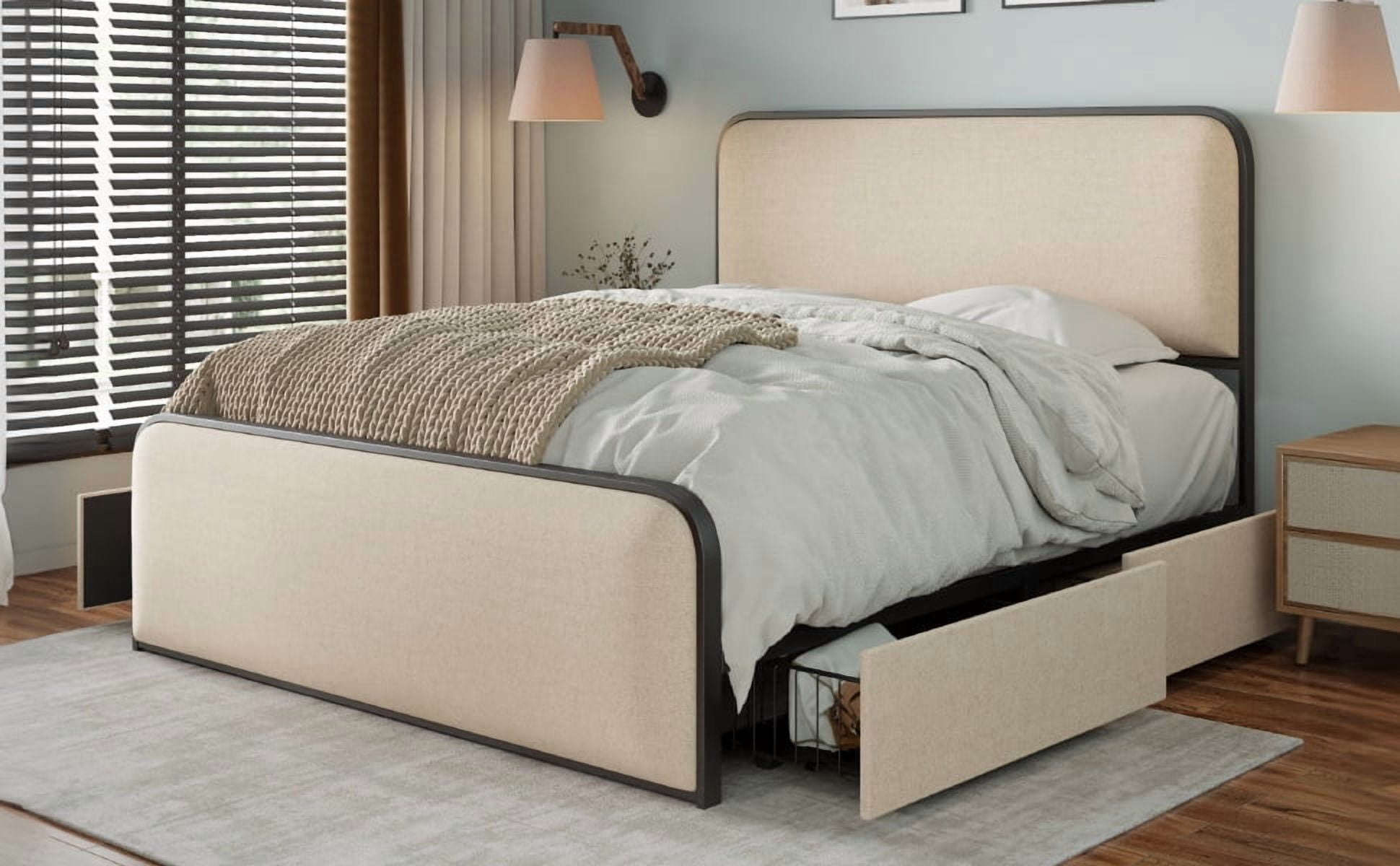 MAYEERTY King Metal Bed Frame Curved Upholstered Headboard 4 Drawers for Bedroom Beige