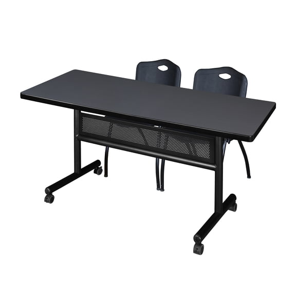 60" x 30" Flip Top Mobile Training Table with Modesty Panel- Grey and 2 "M" Stack Chairs- Black