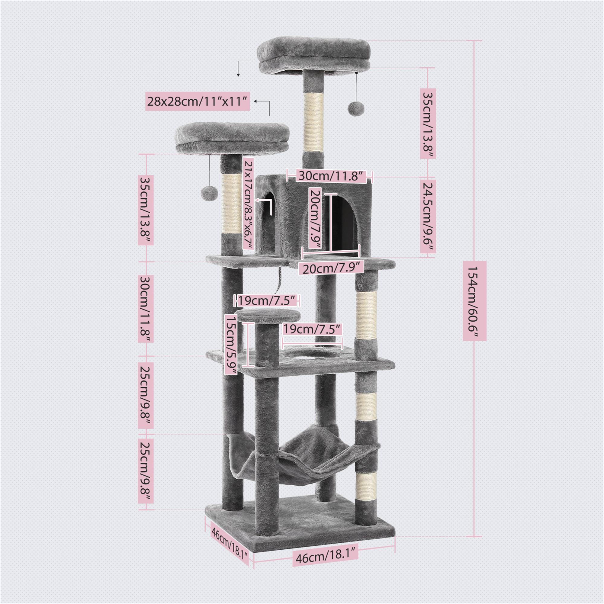 Kadyn 60" Cat Tree Tower for Indoor Cats, Plush Multi-Level Cat Condo with 5 Scratching Posts, 2 Perches, Caves, Hammock, Gray